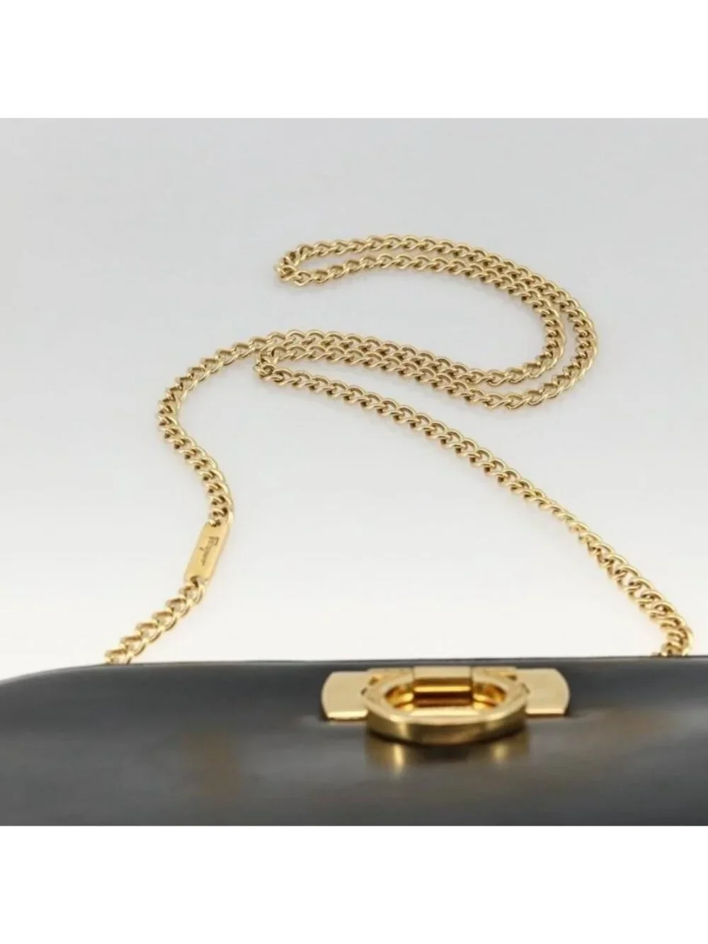 Authentic Salvatore Ferragamo Gancini Chain Shoulder Bag Leather Black Gold - Picture 15 of 16